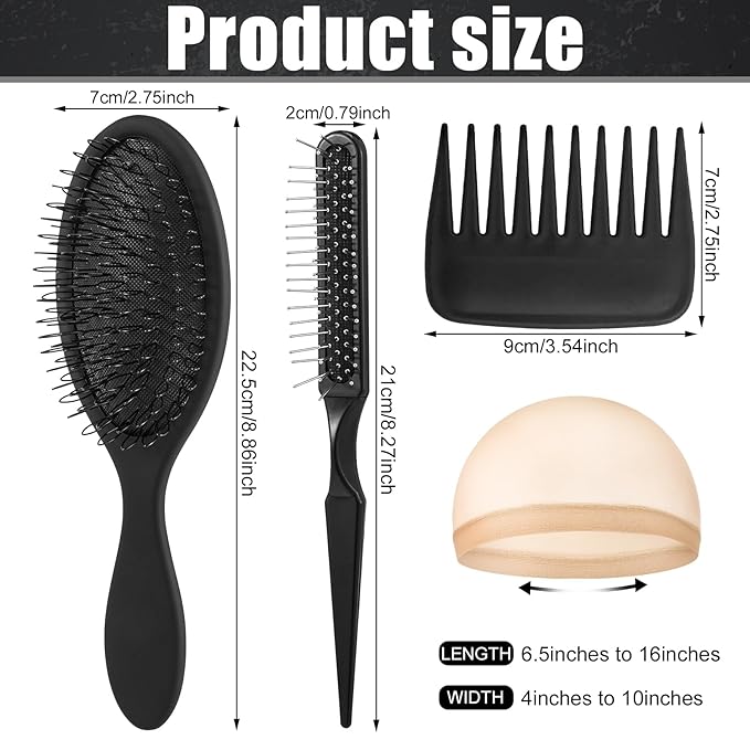 3Pcs Wig Brushes for Synthetic Hair with 4Pcs Wig Cap and Wide Tooth Hair Comb No More Hair Pulling