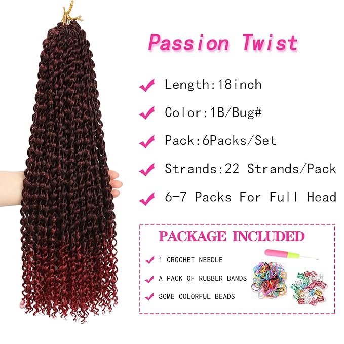 Ubeleco Passion Twist Hair,18 Inch Water Wave Crochet Hair for Women 6 Packs Ombre Burgundy Passion Twist Crochet Hair Long Bohemian Synthetic Curly Braiding Hair Extensions(6pcs,1B/Bug)