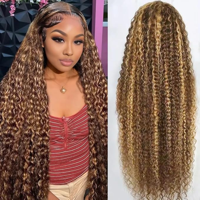 26inch Highlight Ombre Lace Front Wig Human Hair 13x6 HD Honey Blonde 4/27 Deep Wave Lace Frontal Wigs Glueless Wigs Human Hair (4/27 Honey Blonde, 26 inch)