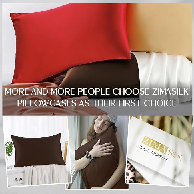 ZIMASILK 100% Pure Mulberry Silk Pillowcase for Hair and Skin Health,Soft and Smooth,Both Sides Premium Grade 6A Silk,600 Thread Count,with Hidden Zipper,1pc (King 20''x36'',Chocolate)