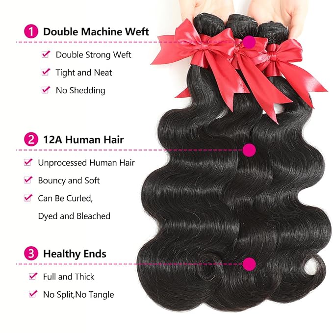 12A Human Hair Bundles with 2x6 Closure 20 22 24 with 18 Inch Brazilian Body Wave 3 Bundles Human Hair with 2x6 HD Lace Closure 100% Unprocessed Virgin Human Hair Weave