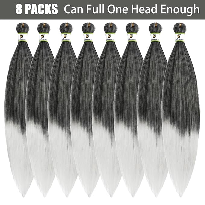 Pre Stretched Braiding Hair Ombre Tgrey 24 Inch 8 Packs, Synthetic Yaki Braiding Hair Pre Stretched