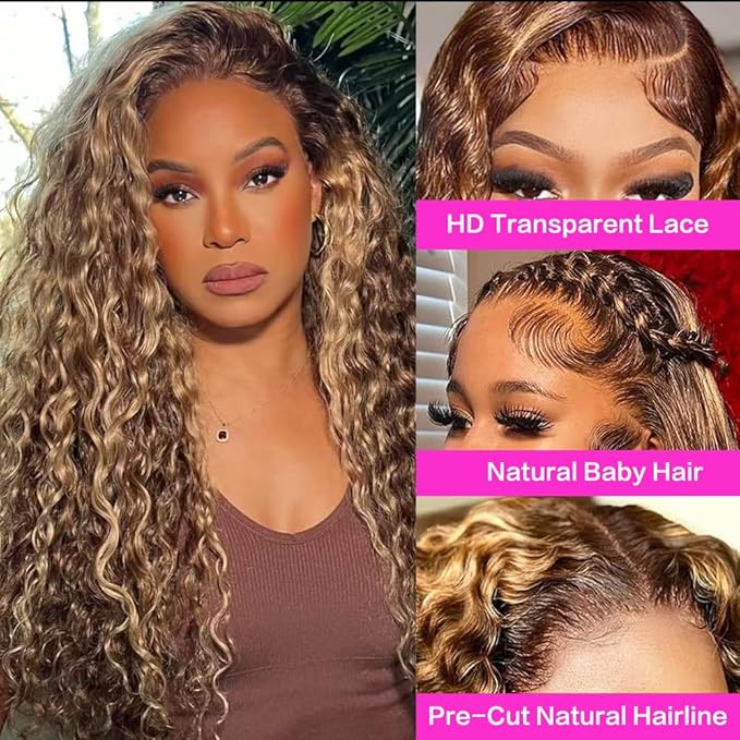 30inch Highlight Ombre Lace Front Wig Human Hair 13x6 HD Honey Blonde 4/27 Deep Wave Lace Frontal Wigs Glueless Wigs Human Hair (4/27 Honey Blonde, 34inch)