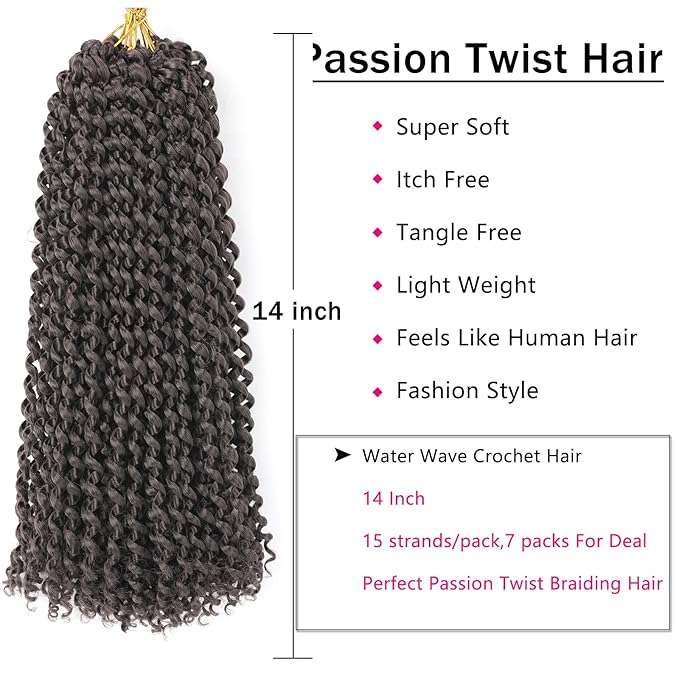 Passion Twist Hair 14 Inch 7 Packs Water Wave Crochet Hair Chocolate Brown Color Wrap Braiding Hair For Passion Twist Crochet Hair/Butterfly Locs/Spring Twist Crochet Braids Boho Hair (14 Inch,4#)