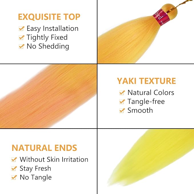 Yellow/Pink/Yellow Braiding Hair Pre Stretched 2 Packs Box Braids Hair Extensions 26 Inches Synthetic Pre Stretched Braiding Hair…