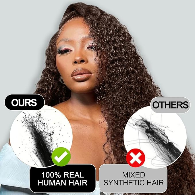 13x6 Deep Wave HD Lace Front Wigs Human Hair 220% Density Chocolate Brown Curly Human Hair Wigs for Women HD Lace Front Wet and Wavy Wigs Pre Plucked Virgin Hair 20inch