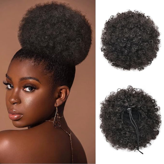 AISI QUEENS Afro Puff Drawstring Ponytail for Black Women Curly Hair Ponytail Extension, Black Brown Afro Bun Ponytail Clip on Hair Extensions for Black Women(2#)
