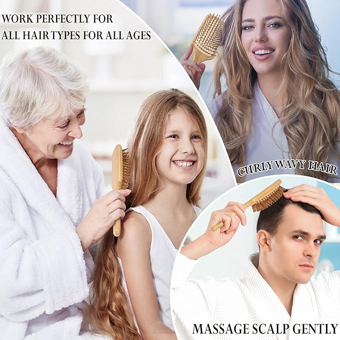 Bamboo Brush for Hair Growth, Natural Bamboo Bristles Detangling Paddle Hair Brush for Women Men and Kids Massaging Scalp, Wooden Brush with Ergonomic Handle for All Hair Types