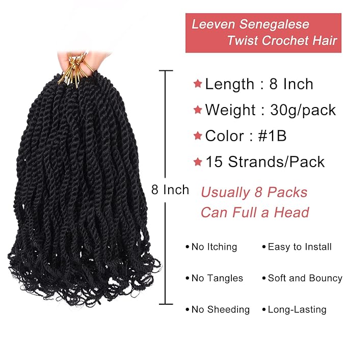 Leeven 8 Packs Wavy Senegalese Twist Crochet Hair with Curly Ends, 8 Inch Black Pre Looped Short Crochet Braids, Pre Twisted Small Havana Twist, Synthetic Braiding Hair for Women Girl Kids
