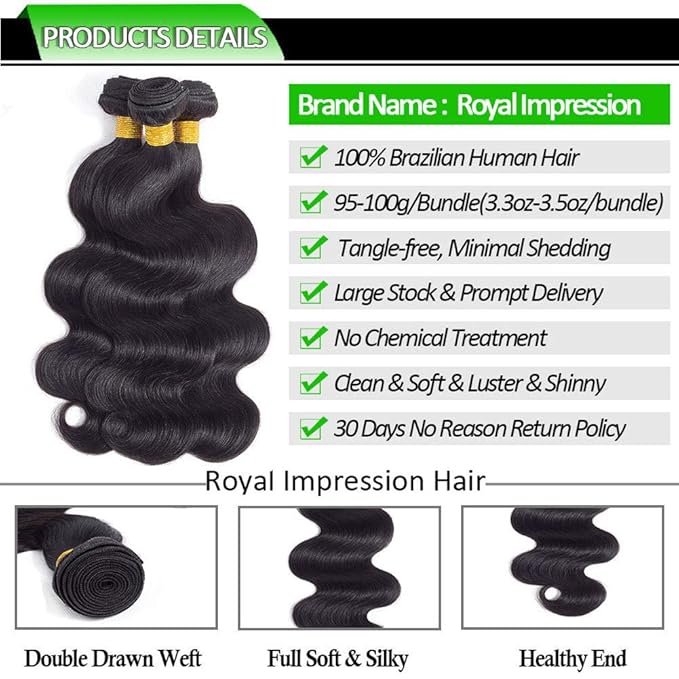 12A Body Wave 3 Bundles with 5×5 HD Lace Closure (16 18 20+14") 100% Unprocessed Brazilian Virgin Body Wave Human Hair Weave Bundles with Closure Natural Color