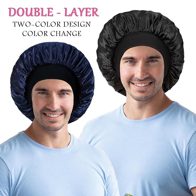 2pcs Bonnet for Men, Bonnets for Women, Satin Silk Hair Bonnet for Sleeping, Reversible Double Layer Wide Band Sleep Cap for Curly Hair Braids