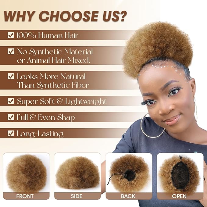 Afro Puff Drawstring Ponytail Extension Brazilian Virgin Human Hair Half Medium Brown Half Light Blonde 4 Inch Durable Natural Soft and Smooth Natural Ponytails for Black Women
