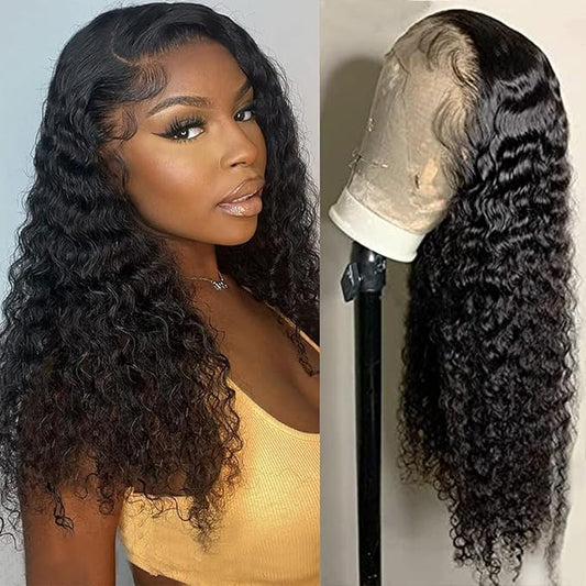 SENSAIRUITE Deep Wave Lace Front Wigs Human Hair 180% Density Curly Lace Front Wig Human Hair 13x4 HD Transparent Glueless Lace Frontal Wigs Pre Plucked Natural Black 18 Inch