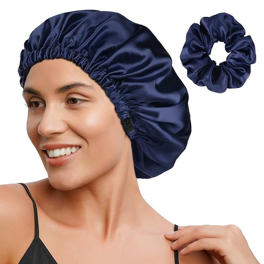 YANIBEST Adjustable Satin Bonnet Double Layer Hair Bonnet for Sleeping Bonnets for Women Hats Curly Natural Hair, Navy Blue