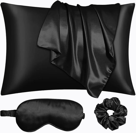 Satin Pillowcase Set - 2 Black Queen Size Pillowcases, 1 Eye Mask, 1 Scrunchie - Premium Silky Satin for Hair and Skin Protection, Hydrating and Reducing Friction