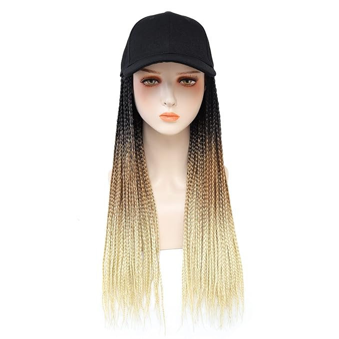 Braided Baseball Cap Wig Box Braid Hair Extensions with Hat Ombre black brown blonde Cap Wig with 18inch Long Synthetic Braiding Hair for Women (18inch 1B/27/613)
