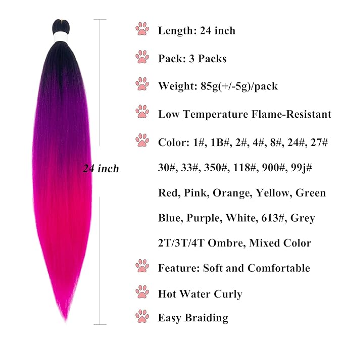Pre Stretched Braiding Hair Black Purple Pink Ombre Braiding Hair Pre Stretched Prestretched 24 inch 3 pack Kids Micro Synthetic Colored Hair Extensions for Braids Crochet Hair