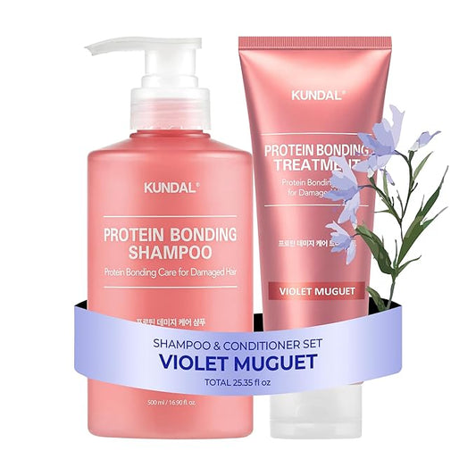 KUNDAL Protein Bonding Shampoo and Conditioner Set [Violet Muguet] - Korean Hair Care, Damage Repair, Frizz Control, Heat Protection, 16.9fl oz/ 6.76fl oz (Pack of 2), Stocking Stuffers