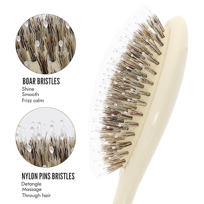 Boar Bristle Hair Brush -boar bristles + nylon pins， Smoothes & Detangles All Hair Types, Hairbrush for Women, Men & Kids, Distributes Oils for Natural Shine & Stimulates Scalp