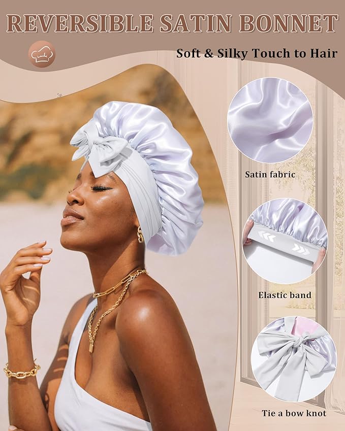 Reversible Satin Bonnet for Sleeping Women Double Layer Hair Bonnet with 2PCS Hair Scrunchies Elastic Tie Band Night Cap