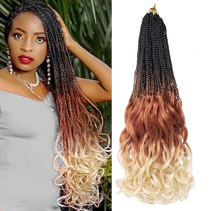 18 Inch French Curl Crochet Braids 9 Packs Ombre Brown Blonde Bohemian Goddess Box Braids with Curly Ends Synthetic Loose Wave Bouncy Braiding Hair for Women
