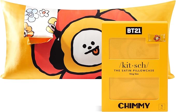 Kitsch x BT21 Satin Pillowcase with Zipper – Better Than Silk Pillowcase, Chimmy Character & Funky Floral Print – Soft Cooling Toddler Bed Time Pillow Case for Hair & Skin – King Size 19x36