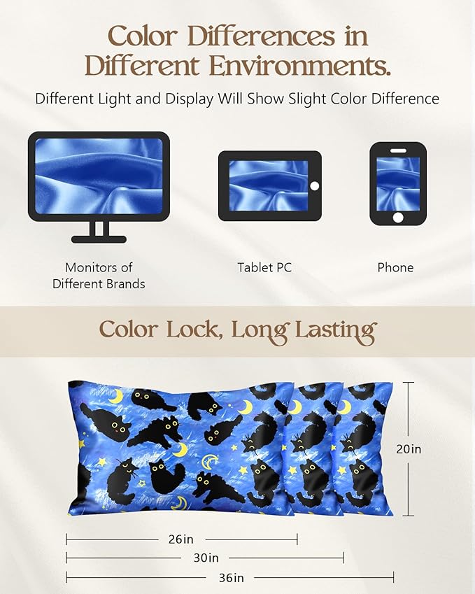 Silk Pillowcase 2 Pack - Pillow Cases 20" x 30" Queen Size Set of 2 for Hair and Skin Smooth Soft Breathable with Hidden Zipper Cooling Pillow Covers for Sleeping,Blue Moon Cat