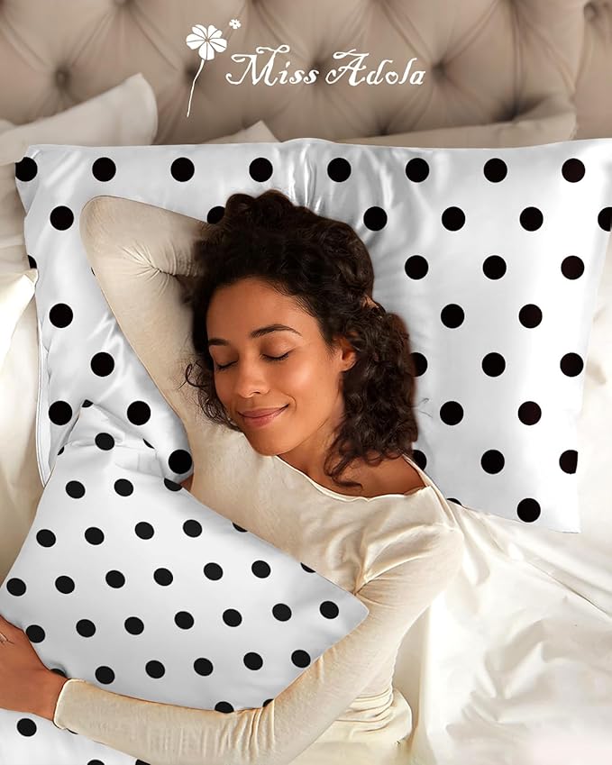 Silk Pillowcase 2 Pack - Pillow Cases 20" x 36" King Size Set of 2 for Hair and Skin Smooth Soft Breathable with Hidden Zipper Cooling Pillow Covers for Sleeping, White Black dot