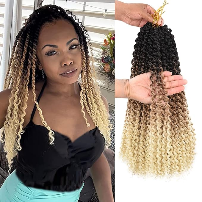 6 Packs Passion Twist Hair 14 Inch Water Wave Crochet Bohemian Curl Passion Twist Synthetic Crochet Braiding Hair Extensions Black Brown Honey Blonde Curly Hair (14inch, T1B/27/613)