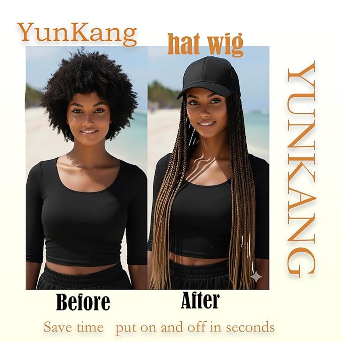 Hat Wig for Women Baseball Cap with Braided Hair Attached 24inch long Synthetic Ombre Box Braid Wig Hat Adjustable Cap with black brown light brown Braids for Daily Outdoor Use (B-53)