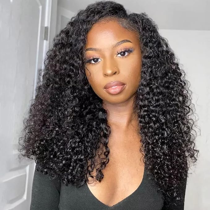 ISEE V Part Human Hair Kinky Curly Minimal/No Leave Out Upgrade U Part Wig for Black Women Human Hair V Shape Wig Kinky Curly Thin Part Glueless Clip In Half Wig 180% Density Natural Color 24 Inch