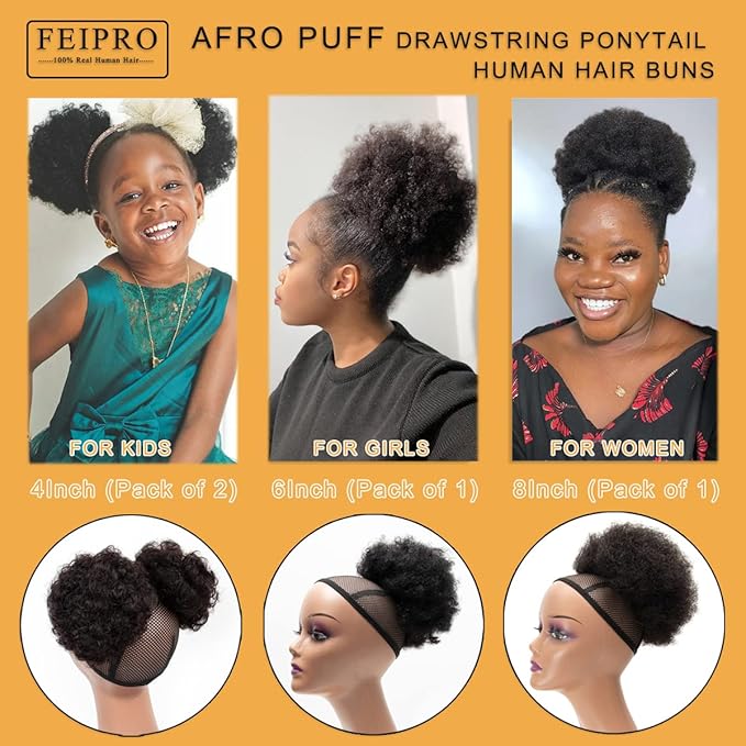 Afro Puff Drawstring Ponytail Human Hair Small Kinky Curly Ponytail Buns Hairpieces 8A Brazilian Virgin Hair Short Clip In Ponytails for Black Women Girls Kids 6 Inch Natural Black