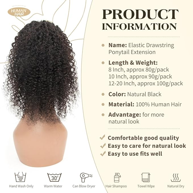 isheeny Curly Drawstring Ponytail for Black Women, 100% Human Hair Extension 14Inch Add Length & Volume in 3 Mins
