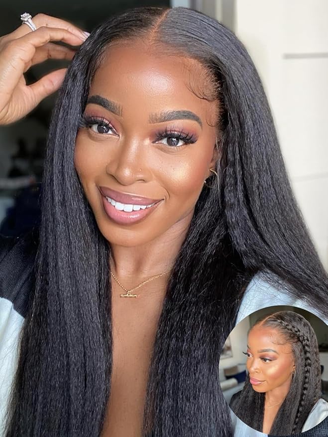 Larhali Kinky Straight V Part Wig Human Hair with Drawstring 200% Density Upgrade Glueless U Part Wig No Leave Out No Sew In V Part Wigs Kinky Straight Human Hair Wigs 14 Inch