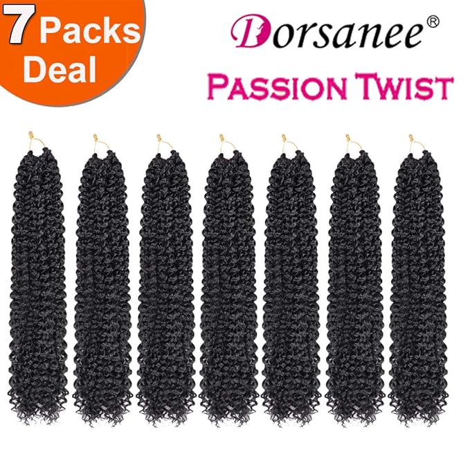Dorsanee Black Passion Twist Hair 16 Inch 7 Packs Water Wave Crochet Hair Long Bohemian Curly Braiding Hair for Butterfly Locs, Faux Locs, Boho Style Spring Twist Crochet Braids (1#)