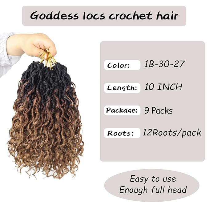 Goddess Locs Crochet Hair 10 Inch 9 Packs Synthetic Faux Locs Crochet Hair for Black Women, River Locs Hair Extensions Style Pre looped Crochet with Curly Ends