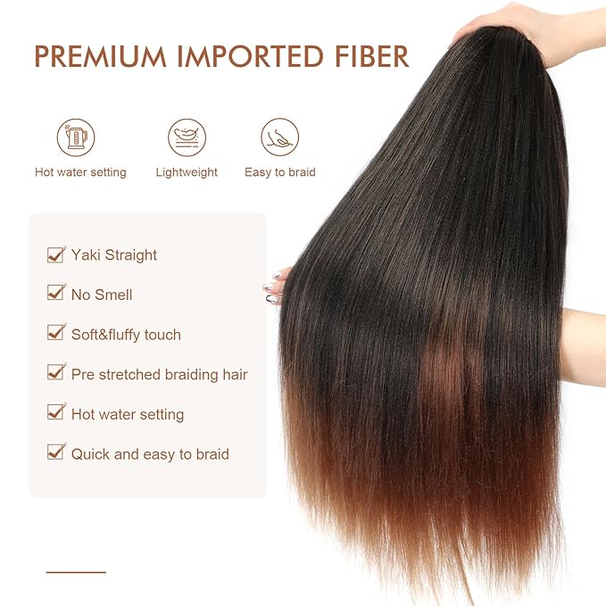 Pre-stretched Braiding Hair - 30 Inch 8 Packs Ombre Brown Braiding Hair For Twist or Box Braids, Yaki Texture Hot Water Setting Synthetic Super Long Braiding Hair Extensions (30 Inch, T30-8P)