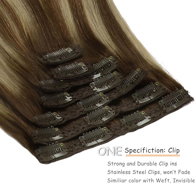 Caliee Human Hair Clip in Extensions 18Inch Invisible Real Hair Clip in Extensions Color R4A-4A/26 Brown Clip in Hair Extensions Remy Hair 7PCS for Full Head Thick Ends 120G