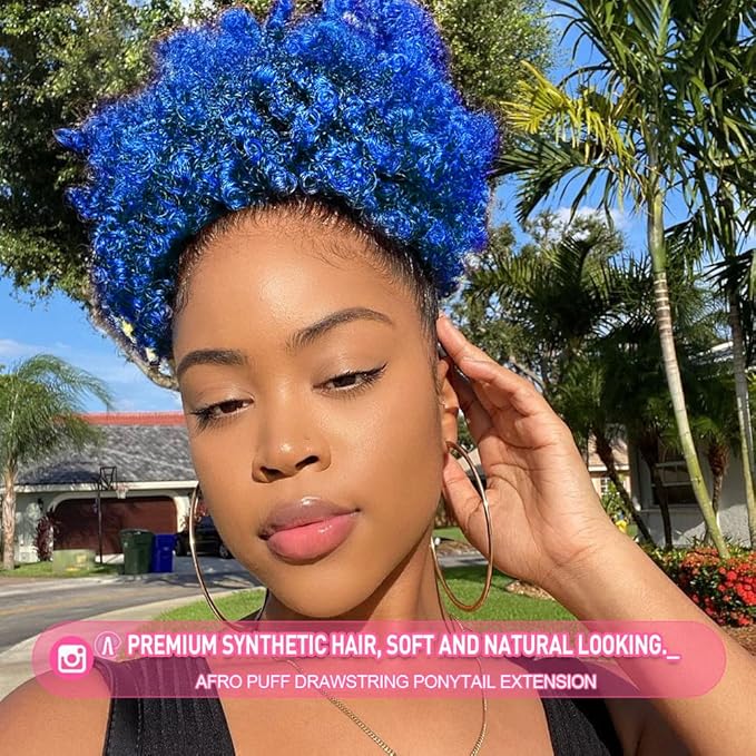 Rosmile Afro Puff Drawstring Ponytail Extension for Black Women - Premium Blue 80 Gram Short Synthetic Clip-on Kinky Curly Bun for Natural Hair