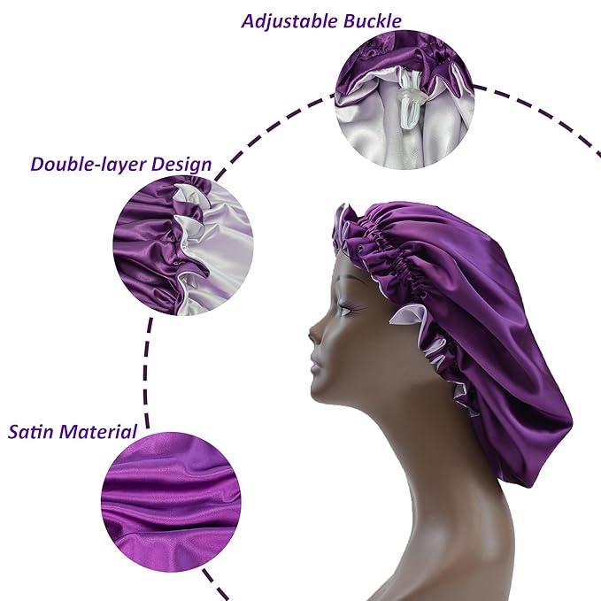 Silk Bonnet for Sleeping Satin Bonnets Double Layer Reversible Hair Cap Bonnet for Women Long Curly Braid Hair（Eggplant）