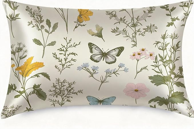 1 Pack Satin Pillowcase for Hair and Skin Vintage Wildflowers and Herbs Imitation Silk Pillowcase with Hidden Zipper Soft Breathable Pillow Cover Standard Size for Bedroom Sofa 20”x26”