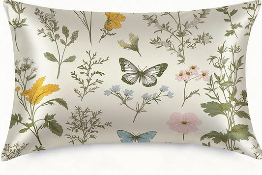 1 Pack Satin Pillowcase for Hair and Skin Vintage Wildflowers and Herbs Imitation Silk Pillowcase with Hidden Zipper Soft Breathable Pillow Cover Standard Size for Bedroom Sofa 20”x26”