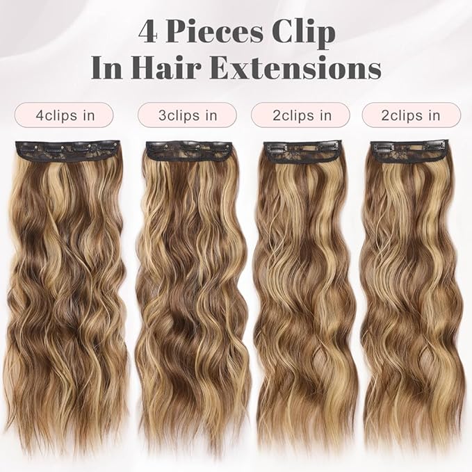 ALXNAN Clip in Long Wavy Hair Extension 20 Inch Chocolate Brown to Honey Blonde Hair Extensions 4PCS Thick Hairpieces Fiber Double Weft Hair for Women