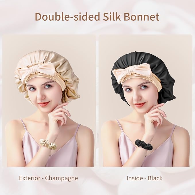 Silk Bonnet for Sleeping Women, 22 Momme 100% Mulberry Silk Sleep Cap with 2 Matching Silk Scrunchies, Double-Sided Wearable Hair Bonnet for Night Hair Care and All Hair Types - Light Gold