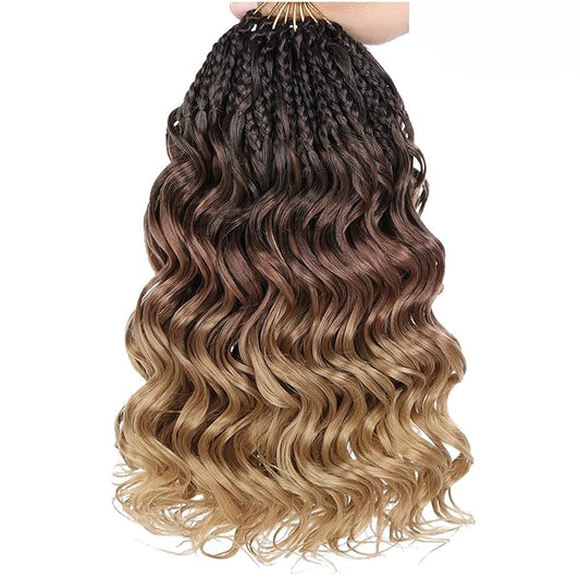 Leeven 10 Inch Pre Looped Ocean Wave Crochet Hair 8 Packs Short Curly Crochet Hair Ombre Brown to Blonde Boho Ocean Braids Pre Twisted Synthetic Deep Wavy Crochet Hair for Women
