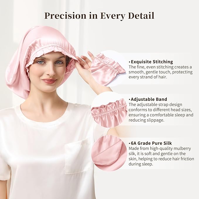 THXSILK 100% Mulberry Silk Bonnet for Sleeping Women, Silk Bonnet with Elastic Band, Hair Wrap Cap for Women Curly Hair, Pink