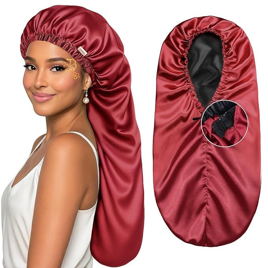 YANIBEST Long Bonnet Braid Bonnet for Sleeping Adjustable Satin Silk Bonnet for Braids Sleep Bonnet for Women Locs Wine Red