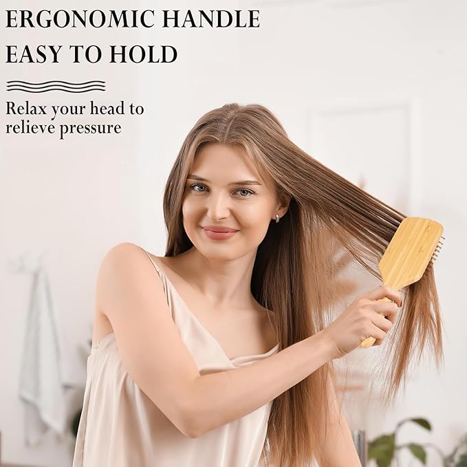 Bamboo Brush for Hair Growth, Natural Bamboo Bristles Detangling Paddle Hair Brush for Women Men and Kids Massaging Scalp, Wooden Brush with Ergonomic Handle for All Hair Types