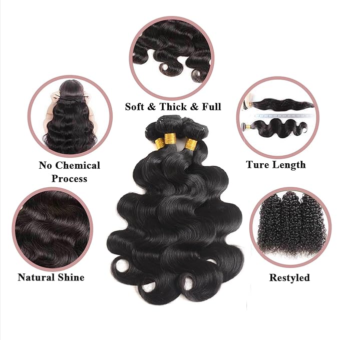12A Human Hair Bundles 20 22 24 26 Inch Body Wave 100% Unprocessed Brazilian Virgin Hair 4 Bundles Human Hair Extensions Quick Weave Natural Black