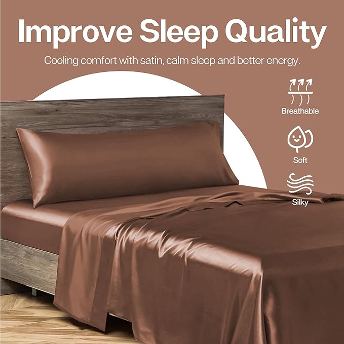 MR&HM Satin Body Pillow Cover, Soft and Breathable Body Pillow Case with Envelope Closure, Cooling and Silky Long Pillowcase for Hair and Skin,Grey (20x54, Mocha Mousse)